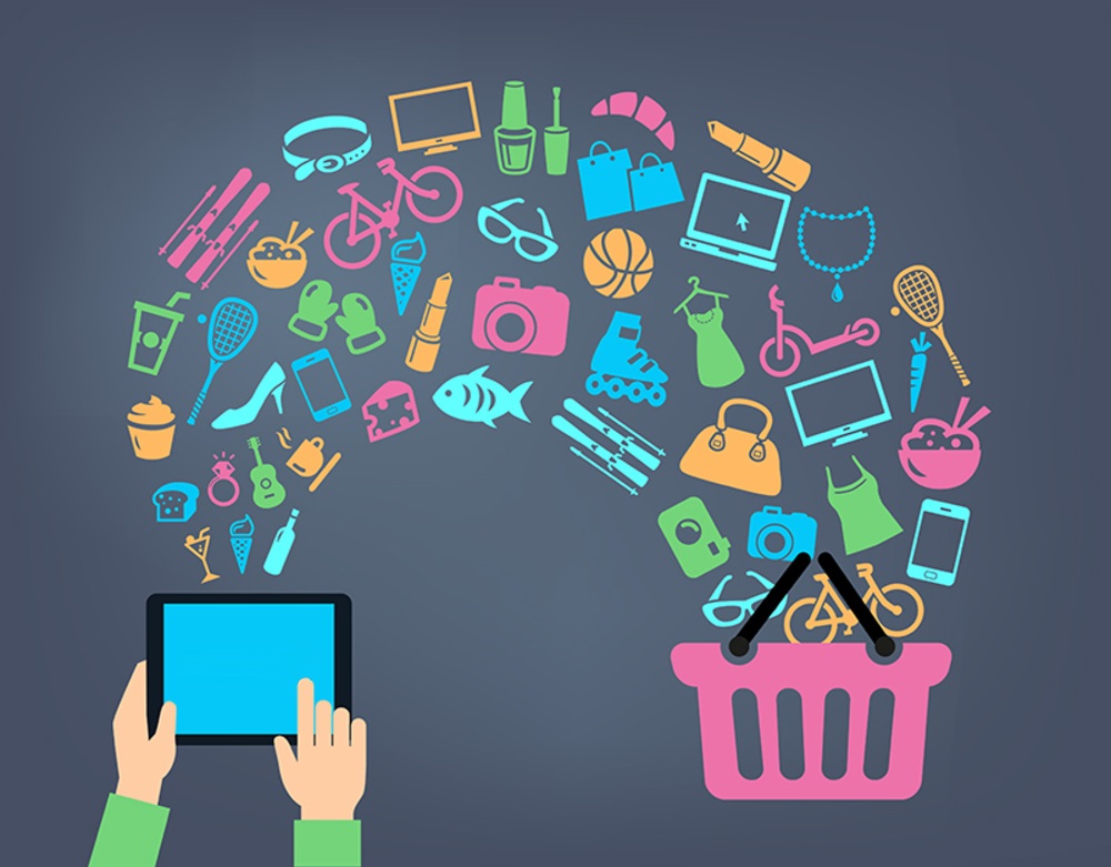 Shopping background concept with icons. shopping online, using a PC, tablet or a smartphone. Can be used to illustrate mobile communication topics or consumerism.